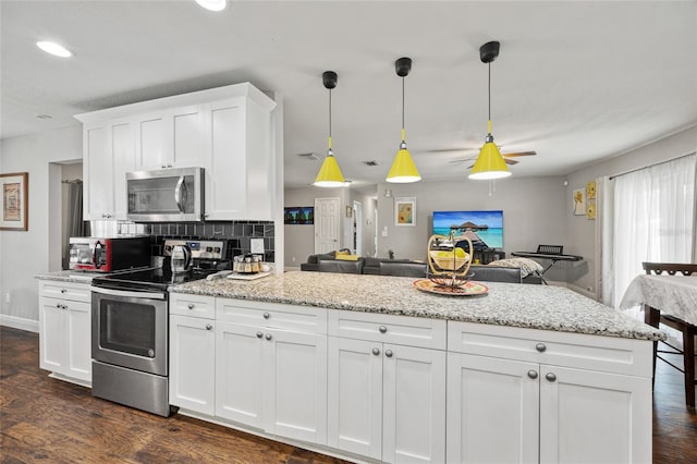 602 Hillpoint Way, Brandon, FL 33510 - kitchen featuring stainless steel appliances, open floor plan, dark wood finished floors, a ceiling fan, and white cabinetry