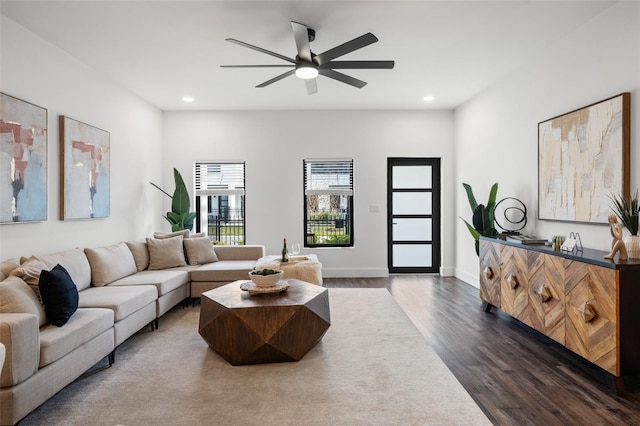 6206 64th Way N, Pinellas Park, FL 33781 - living area with dark wood finished floors, ceiling fan, and recessed lighting