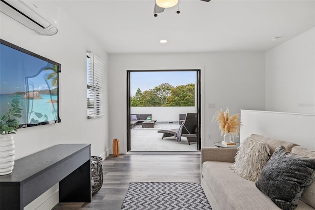 6206 64th Way N, Pinellas Park, FL 33781 - living room featuring a wall mounted air conditioner, wood finished floors, recessed lighting, and ceiling fan