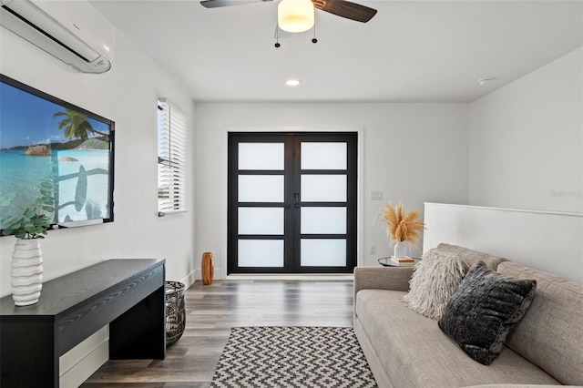 6206 64th Way N, Pinellas Park, FL 33781 - entryway with a wall mounted air conditioner, wood finished floors, ceiling fan, french doors, and recessed lighting