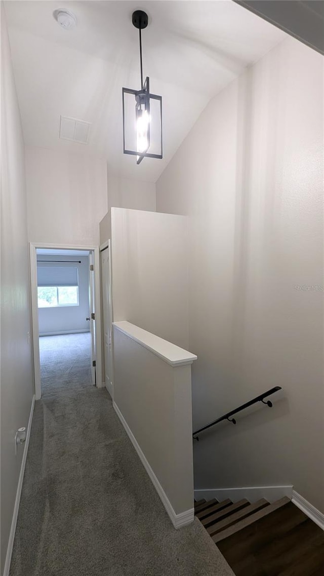 1247 Kennewick Ct, Wesley Chapel, FL 33543 - hall featuring an upstairs landing, carpet, and vaulted ceiling