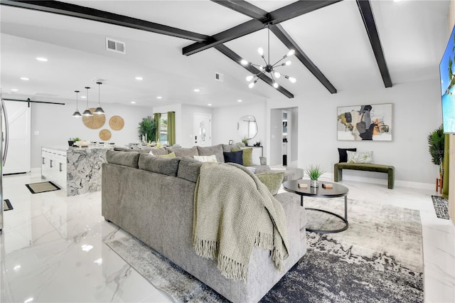 8010 W Hiawatha St, Tampa, FL 33615 - living area featuring a barn door, recessed lighting, light marble finish flooring, and a chandelier