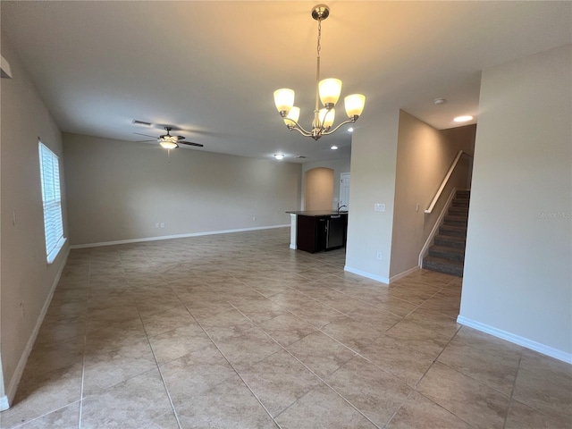 3724 Crofton Ct, Fort Myers, FL 33916 - empty room with ceiling fan, stairway, a chandelier, light tile patterned flooring, and recessed lighting