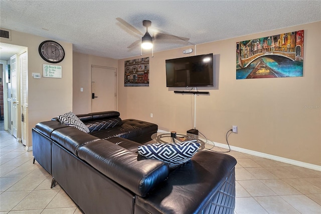 4215 E Bay Dr Unit 1706A, Clearwater, FL 33764 - living area with light tile patterned floors, a ceiling fan, and a textured ceiling