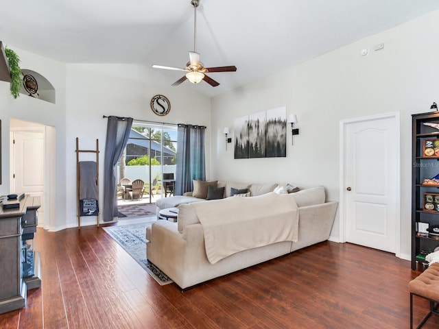24811 Gun Smoke Dr, Land O Lakes, FL 34639 - living area with ceiling fan, dark wood finished floors, and high vaulted ceiling