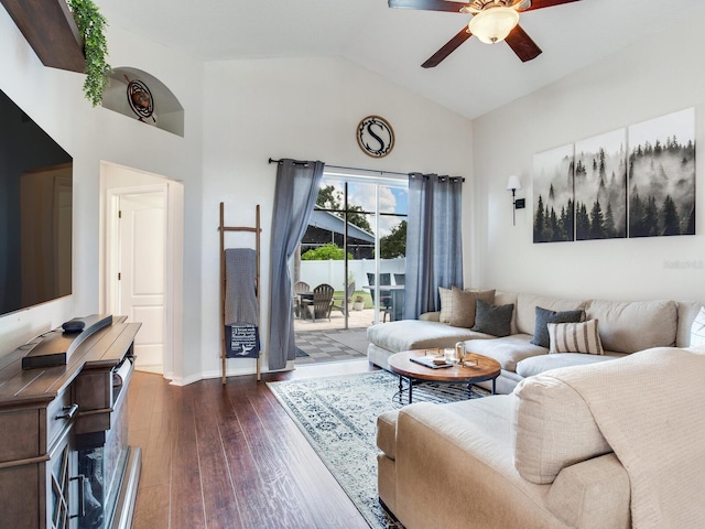 24811 Gun Smoke Dr, Land O Lakes, FL 34639 - living room featuring ceiling fan, dark wood finished floors, and high vaulted ceiling