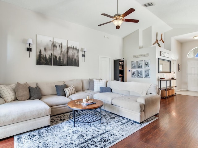 24811 Gun Smoke Dr, Land O Lakes, FL 34639 - living room featuring a ceiling fan, high vaulted ceiling, and wood finished floors