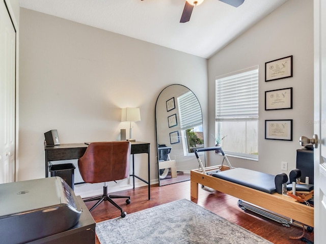 24811 Gun Smoke Dr, Land O Lakes, FL 34639 - office area with lofted ceiling, ceiling fan, and wood finished floors