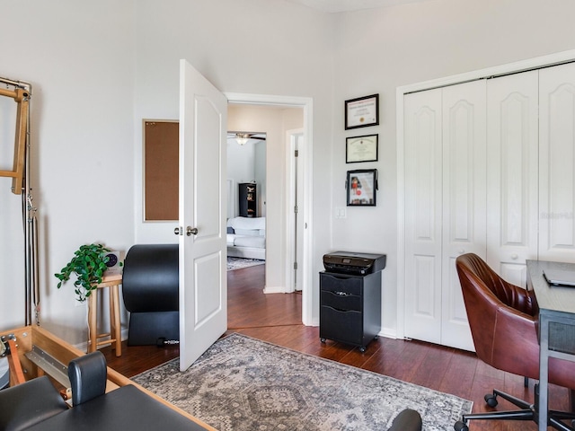 24811 Gun Smoke Dr, Land O Lakes, FL 34639 - office area featuring dark wood-type flooring and baseboards