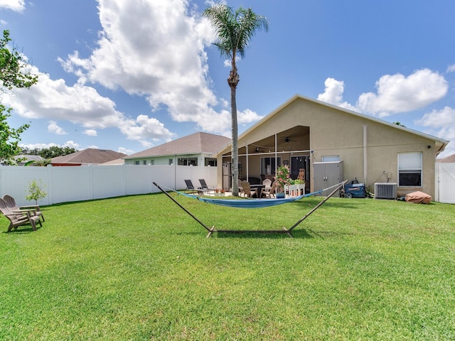 24811 Gun Smoke Dr, Land O Lakes, FL 34639 - rear view of house featuring a ceiling fan, a fenced backyard, stucco siding, and a patio area