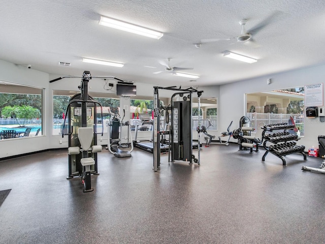 24811 Gun Smoke Dr, Land O Lakes, FL 34639 - workout area featuring ceiling fan and a textured ceiling