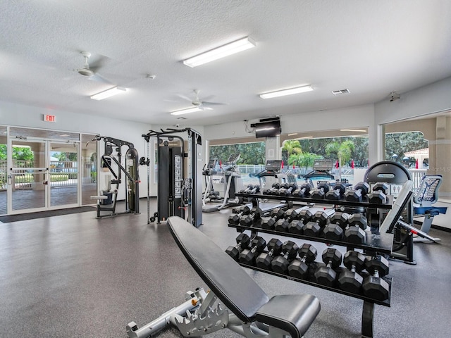 24811 Gun Smoke Dr, Land O Lakes, FL 34639 - exercise room with ceiling fan, a textured ceiling, and french doors