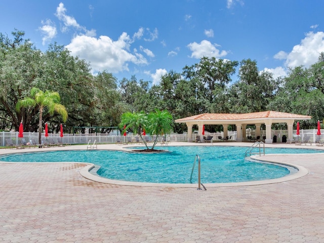 24811 Gun Smoke Dr, Land O Lakes, FL 34639 - community pool featuring a patio and view of wooded area