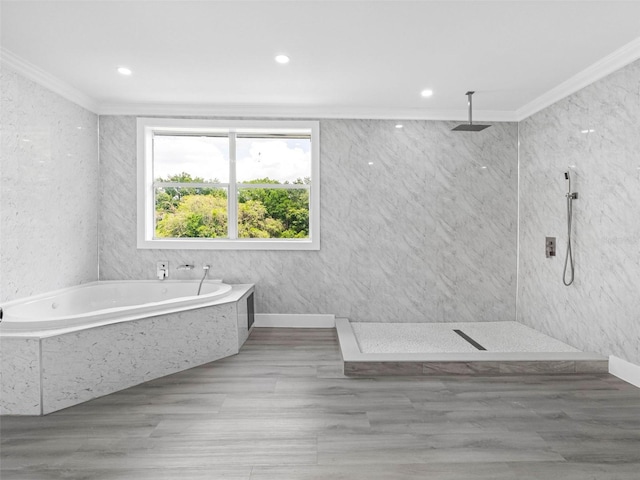 2440S Wallace Rd, Bartow, FL 33830 - bathroom featuring ornamental molding, a marble finish shower, a garden tub, and recessed lighting