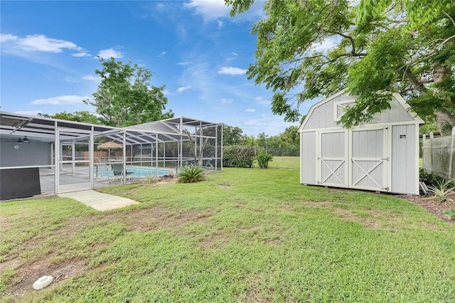 2914 Forest Cir, Seffner, FL 33584 - view of green lawn with a storage unit and a lanai
