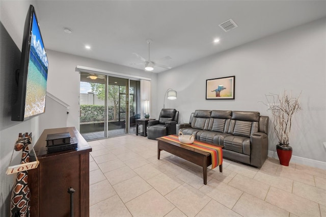 5813 Grand Sonata Ave, Lutz, FL 33558 - living room with a ceiling fan, light tile patterned flooring, and recessed lighting