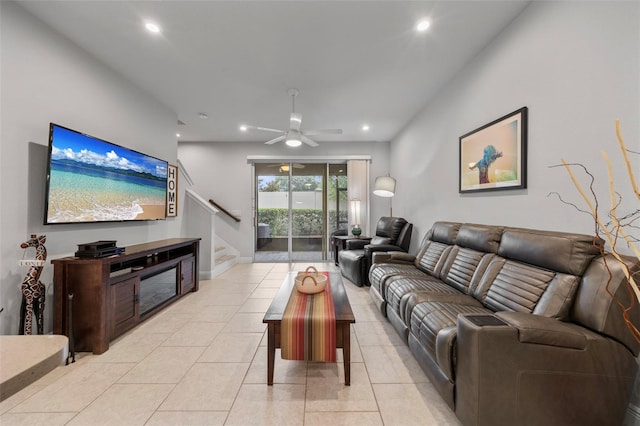 5813 Grand Sonata Ave, Lutz, FL 33558 - living room with stairway, recessed lighting, a ceiling fan, and light tile patterned floors