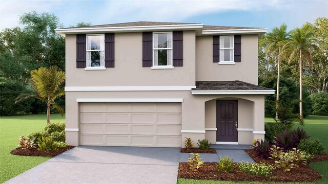 2669 Birney Run, Zephyrhills, FL 33541 - view of front of home featuring concrete driveway, a garage, stucco siding, and a front lawn
