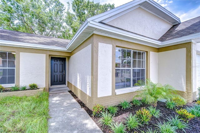 6720 Gilda Dr, Tampa, FL 33625 - property entrance featuring roof with shingles and stucco siding