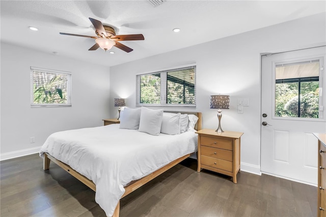 4096 38th St S, Saint Petersburg, FL 33711 - bedroom featuring multiple windows, dark wood-style floors, recessed lighting, and a ceiling fan