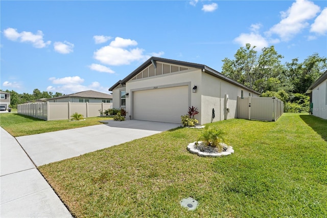39024 Harlow Rose Dr, Zephyrhills, FL 33540 - view of side of home with driveway, a garage, stucco siding, and board and batten siding