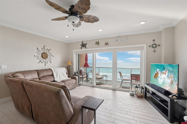 880 Mandalay Ave Unit C513, Clearwater Beach, FL 33767 - living area with ceiling fan, recessed lighting, and crown molding