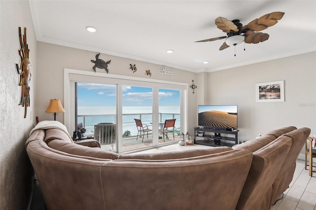 880 Mandalay Ave Unit C513, Clearwater Beach, FL 33767 - living area with a ceiling fan, light tile patterned flooring, crown molding, and recessed lighting