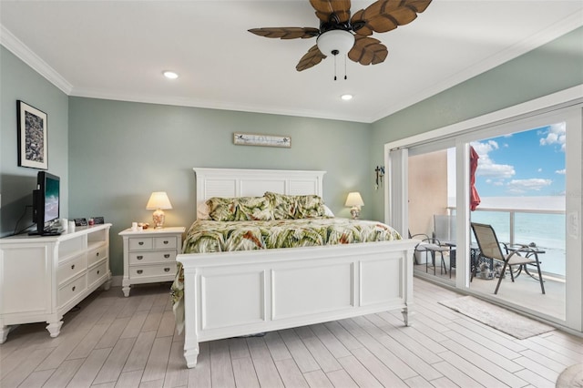 880 Mandalay Ave Unit C513, Clearwater Beach, FL 33767 - bedroom featuring access to exterior, ornamental molding, light wood finished floors, recessed lighting, and ceiling fan