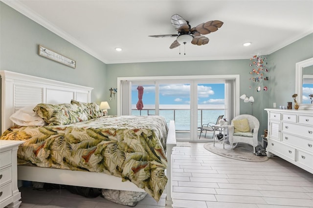 880 Mandalay Ave Unit C513, Clearwater Beach, FL 33767 - bedroom featuring access to exterior, ornamental molding, a water view, recessed lighting, and a ceiling fan
