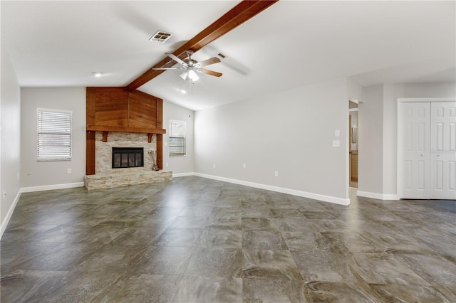 3753 Thornbush Ln, New Port Richey, FL 34655 - unfurnished living room with a ceiling fan and a large fireplace