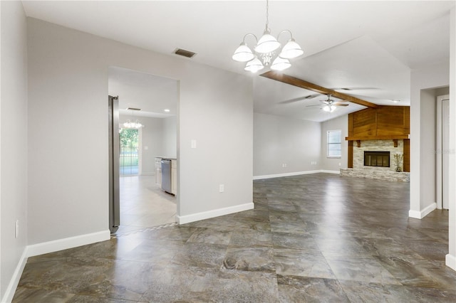 3753 Thornbush Ln, New Port Richey, FL 34655 - unfurnished living room with a chandelier, plenty of natural light, ceiling fan, and a fireplace