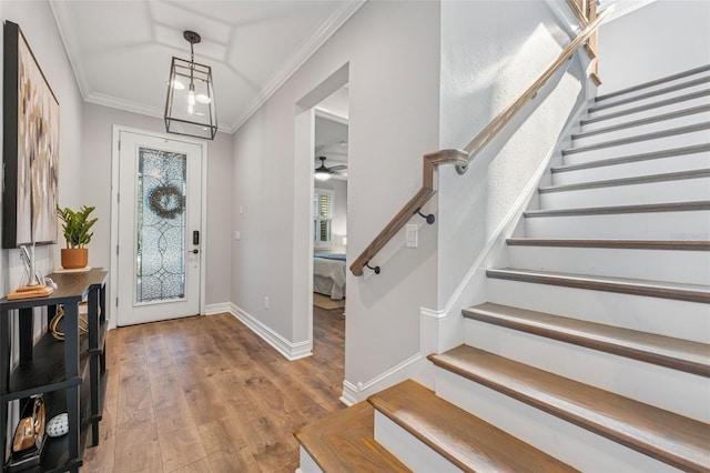 12121 Rustic River Way, Tampa, FL 33635 - entryway featuring stairs, wood finished floors, crown molding, and ceiling fan