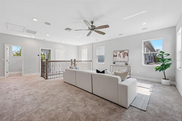 12121 Rustic River Way, Tampa, FL 33635 - living area featuring carpet, ceiling fan, recessed lighting, and attic access