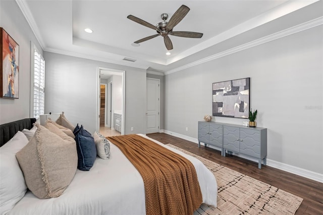 12121 Rustic River Way, Tampa, FL 33635 - bedroom with a tray ceiling, wood finished floors, recessed lighting, crown molding, and a ceiling fan
