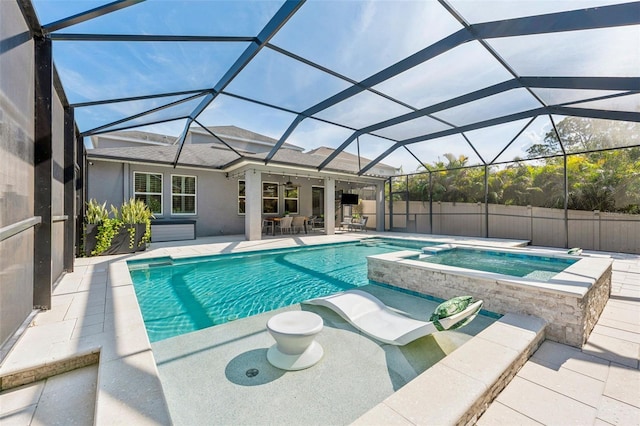 12121 Rustic River Way, Tampa, FL 33635 - view of pool featuring a patio area, a pool with connected hot tub, a lanai, and ceiling fan
