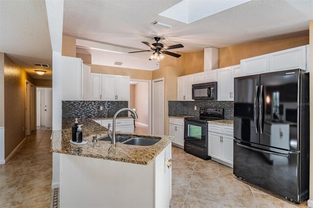 13167 Roseanna Dr, Spring Hill, FL 34609 - kitchen with black appliances, stone countertops, tasteful backsplash, and a textured ceiling