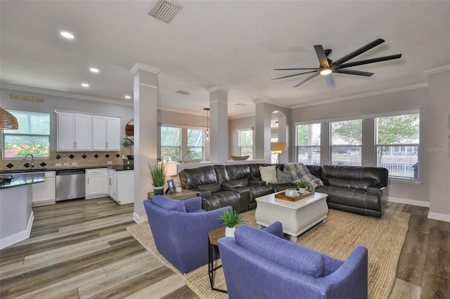 5710 Tortoise Pl, Apollo Beach, FL 33572 - living room featuring decorative columns, ceiling fan, plenty of natural light, crown molding, and wood finished floors