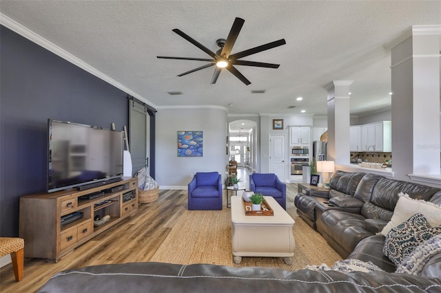 5710 Tortoise Pl, Apollo Beach, FL 33572 - living area with a ceiling fan, light wood-style floors, ornamental molding, a textured ceiling, and ornate columns