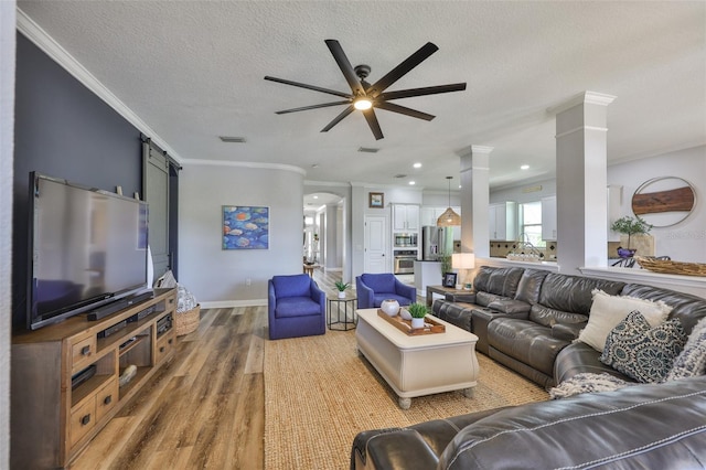 5710 Tortoise Pl, Apollo Beach, FL 33572 - living area featuring ceiling fan, wood finished floors, ornamental molding, ornate columns, and a textured ceiling