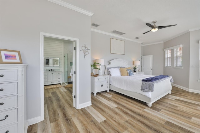 5710 Tortoise Pl, Apollo Beach, FL 33572 - bedroom with crown molding, light wood-style flooring, and a ceiling fan