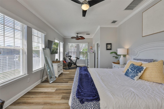 5710 Tortoise Pl, Apollo Beach, FL 33572 - bedroom featuring light wood-style floors, ornamental molding, and a ceiling fan
