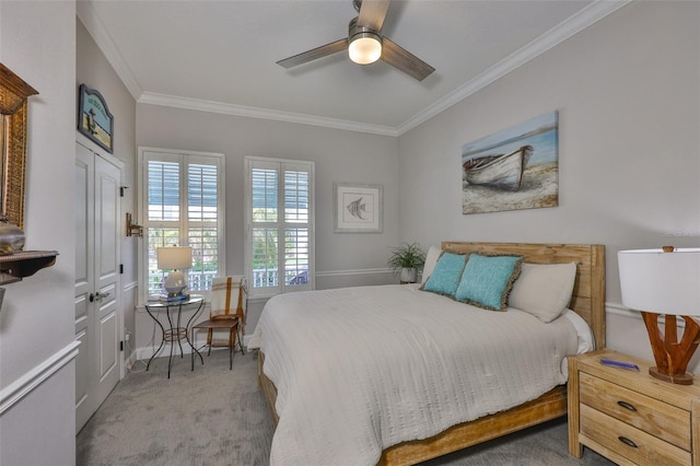 5710 Tortoise Pl, Apollo Beach, FL 33572 - carpeted bedroom with ornamental molding and a ceiling fan