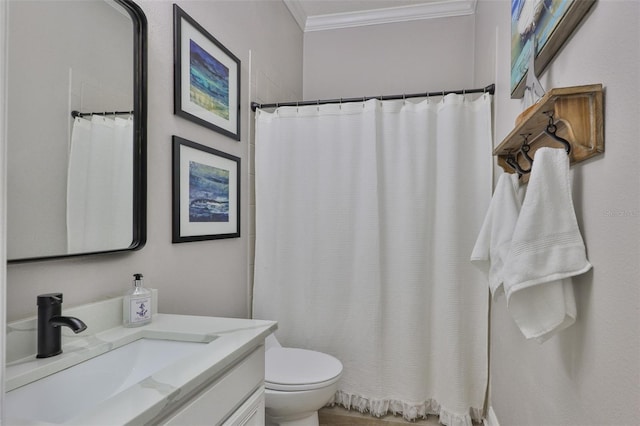 5710 Tortoise Pl, Apollo Beach, FL 33572 - bathroom featuring ornamental molding, vanity, and a shower with shower curtain