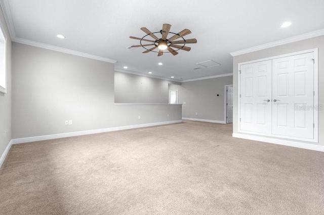 21675 Amelia Rose Way, Land O Lakes, FL 34637 - unfurnished living room with recessed lighting, ceiling fan, crown molding, and light colored carpet