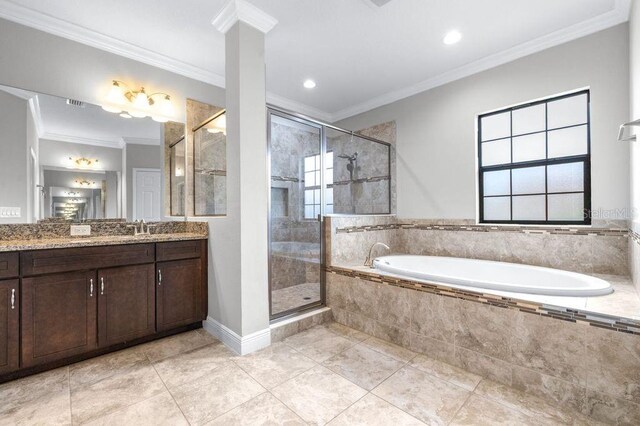 21675 Amelia Rose Way, Land O Lakes, FL 34637 - full bath with a garden tub, vanity, a shower stall, crown molding, and recessed lighting