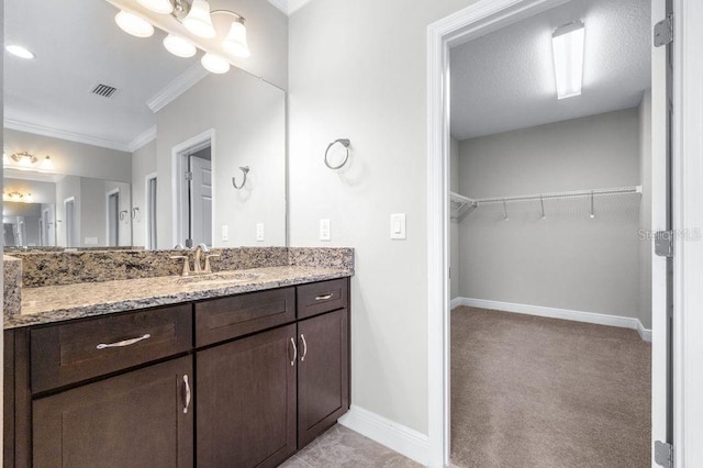 21675 Amelia Rose Way, Land O Lakes, FL 34637 - bathroom with vanity, ornamental molding, and a walk in closet