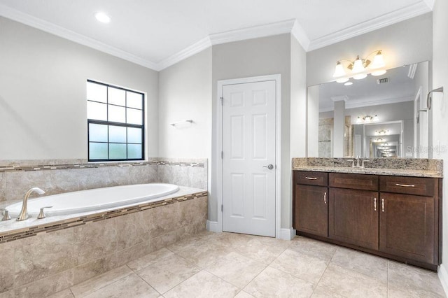 21675 Amelia Rose Way, Land O Lakes, FL 34637 - bathroom featuring vanity, a bath, crown molding, and tile patterned floors