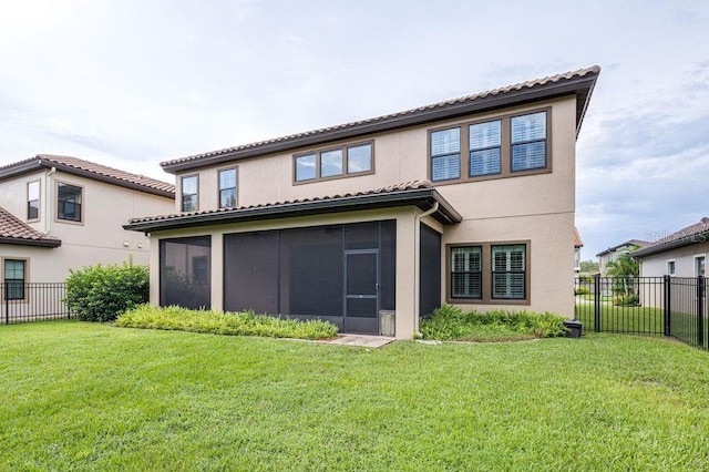 21675 Amelia Rose Way, Land O Lakes, FL 34637 - back of house with a sunroom, stucco siding, and a tiled roof