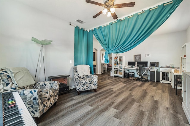 247 Winthrop Dr, Spring Hill, FL 34609 - office area with a ceiling fan, wood finished floors, and arched walkways