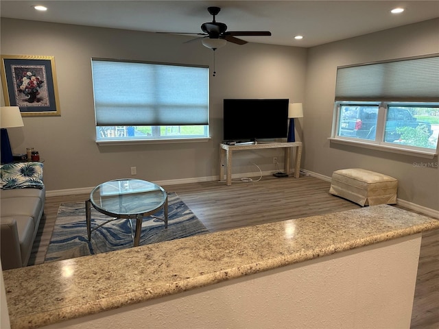 7651 46th Way N, Pinellas Park, FL 33781 - living room with wood finished floors, plenty of natural light, a ceiling fan, and recessed lighting